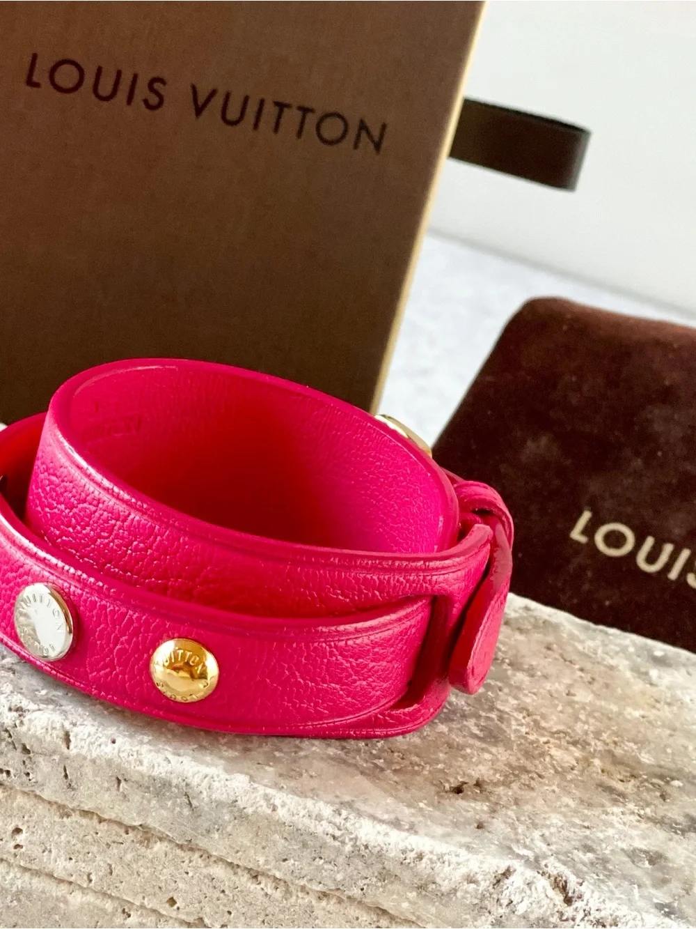 Authentic Louis Vuitton Hot Pink Spike It Leather Stud Wrap Bracelet
